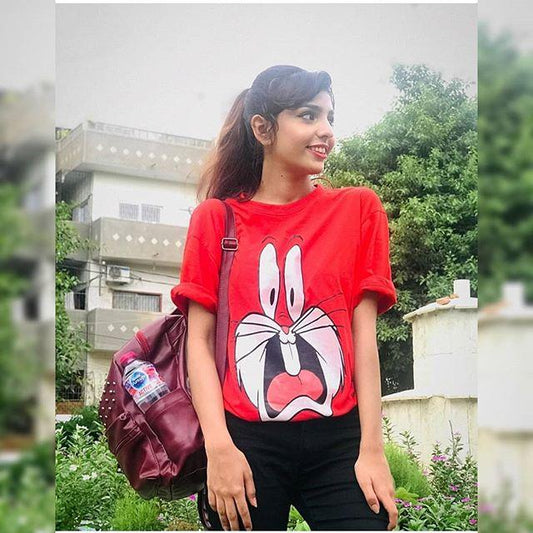 Red Bunny Cotton Printed T - shirt For Womens - HB INDUSTRIES - Tops & T - Shirts - 