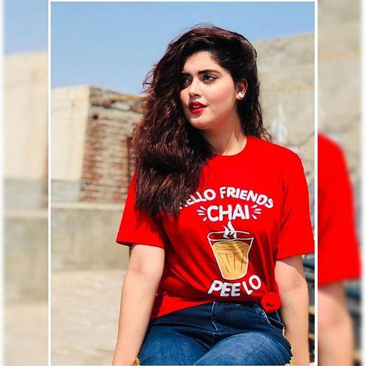 Red Hellow Friends Chai Peelo Cotton T - shirt For Womens - HB INDUSTRIES - Tops & T - Shirts - 