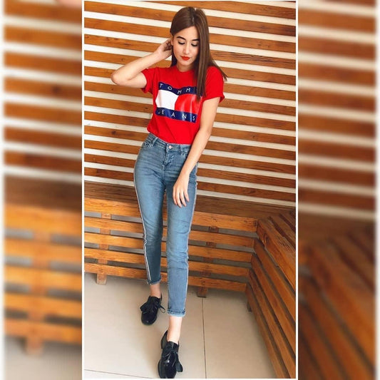 Red T - Jeans Cotton Printed T - shirt For Womens - HB INDUSTRIES - Tops & T - Shirts - 