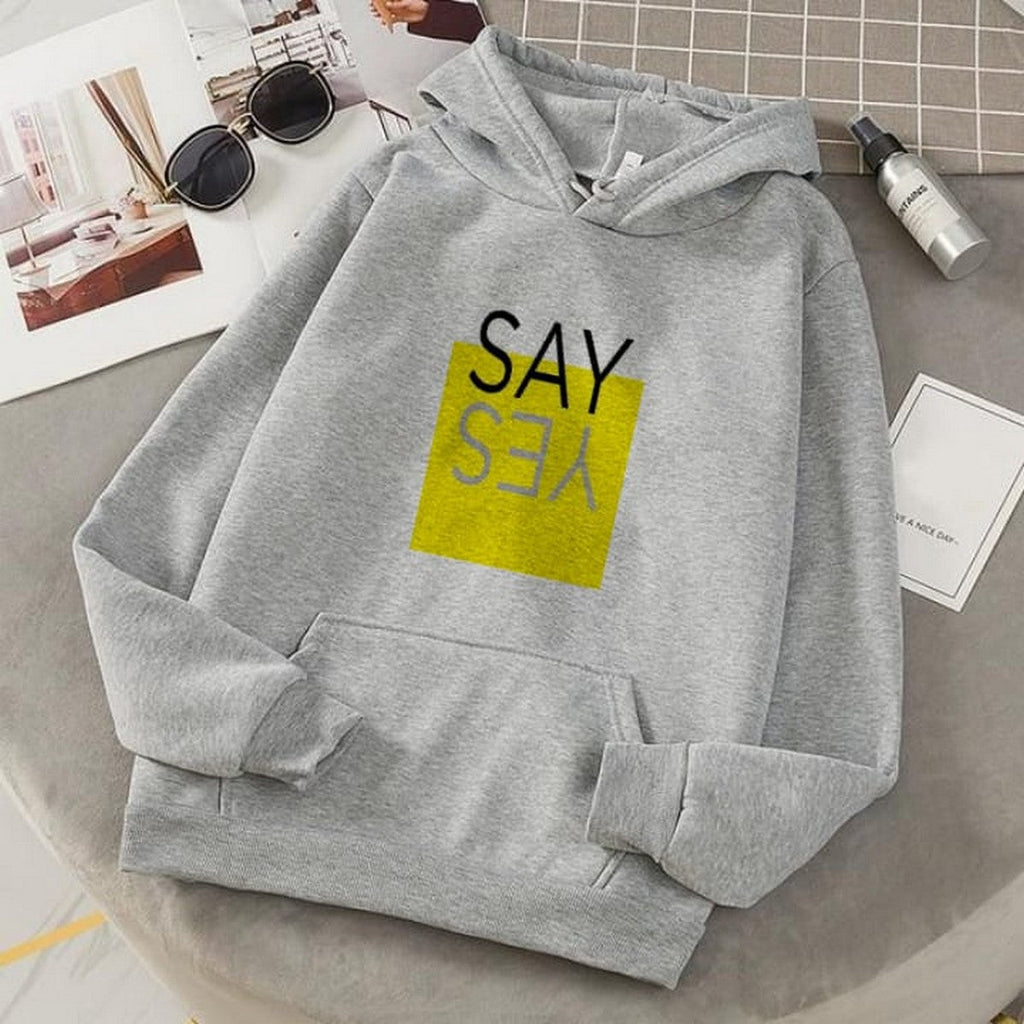 Say Yes Grey Fleece Full Sleeves Pull Over Hoodie For Women - HB INDUSTRIES - Hoodies & Sweatshirts - 
