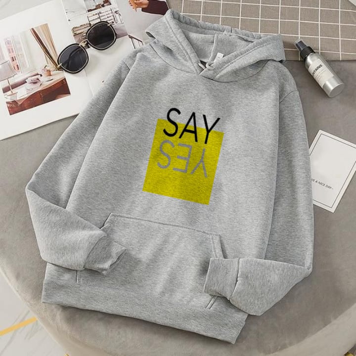 Say Yes Grey Fleece Full Sleeves Pull Over Hoodie For Women - HB INDUSTRIES - Hoodies & Sweatshirts - 