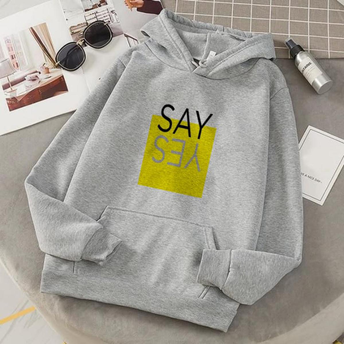 Say Yes Grey Fleece Full Sleeves Pull Over Hoodie For Women - HB INDUSTRIES - Hoodies & Sweatshirts - 