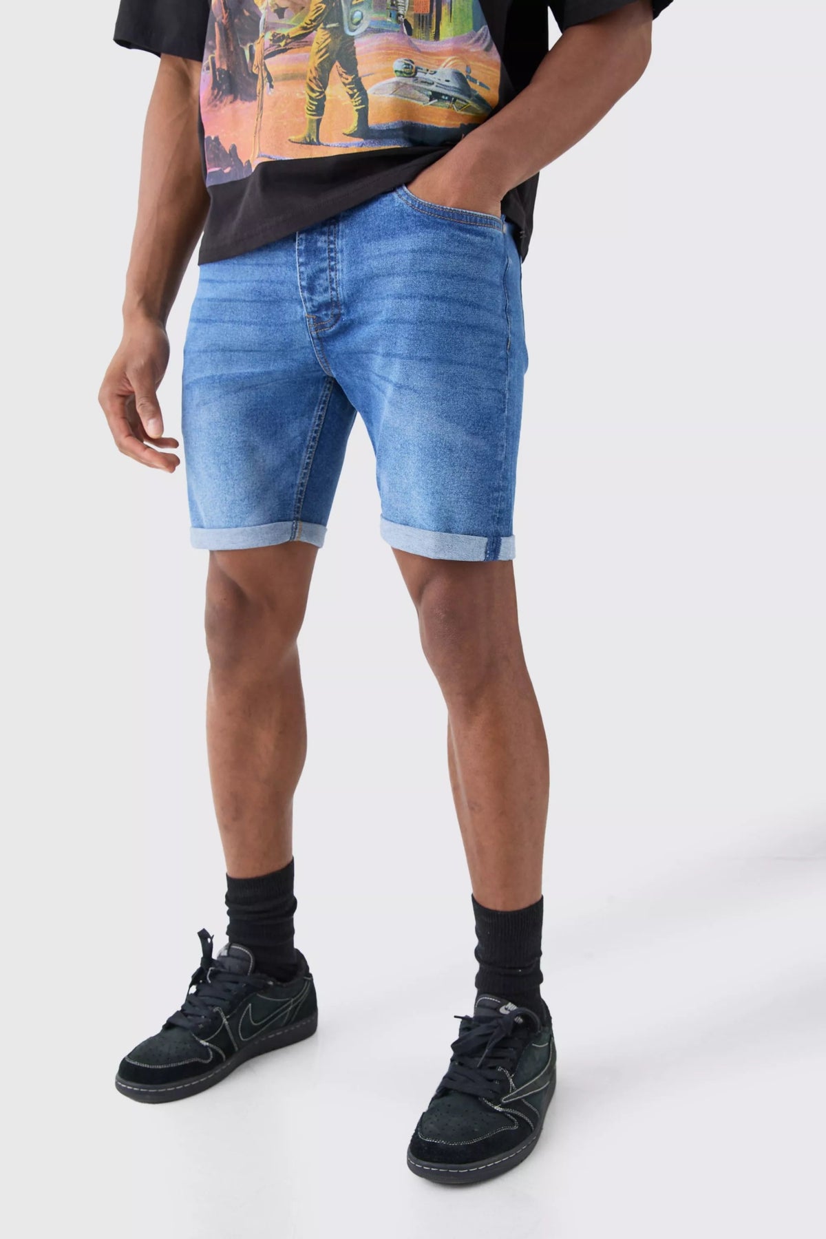 Skinny Stretch Denim Shorts In Mid Blue - HB INDUSTRIES - Shorts - 