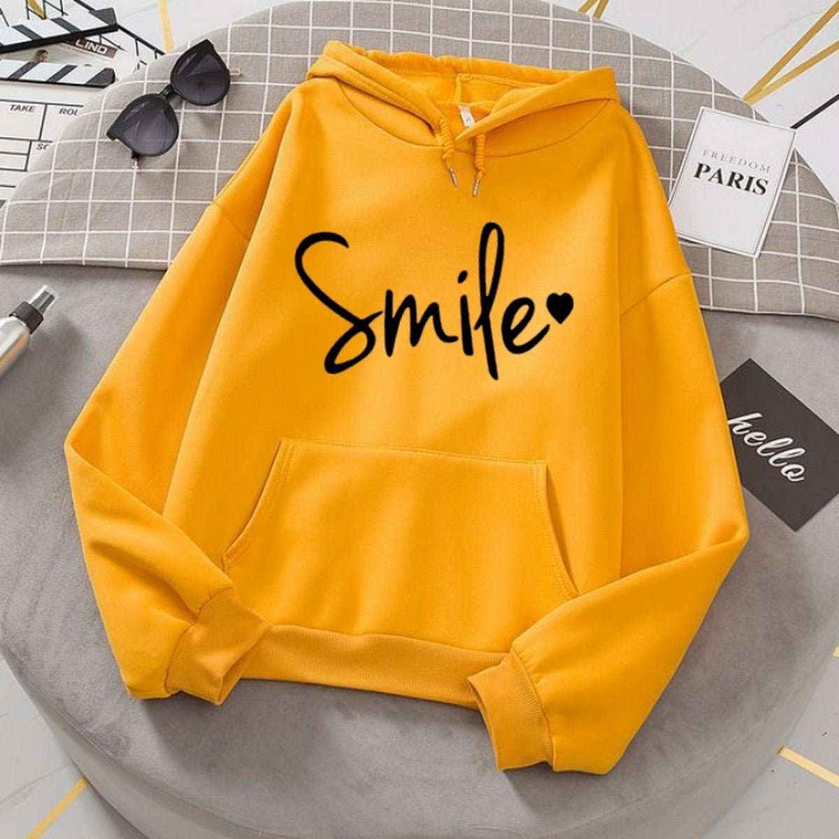 Smile Yellow Fleece Full Sleeves Pull Over Hoodie For Women - HB INDUSTRIES - Hoodies & Sweatshirts - 